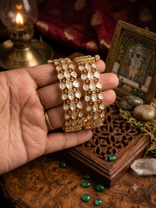 Statement Moissanite Kundan Screw Openable Bangles - Pair