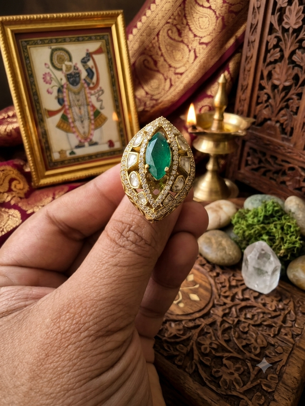 Evil Eye  Moissanite Emerald Studded Adjustable Ring