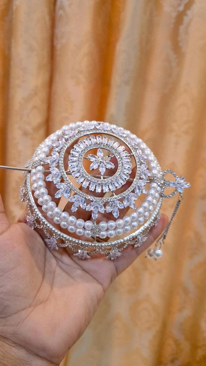 Statement Silver American Diamond Pearl Studded Hair Bun Cage with Stick