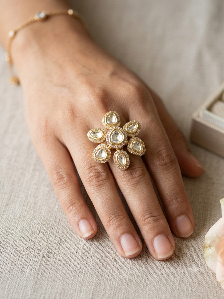3D Floral Real Moissanite Polki Adjustable Size Ring