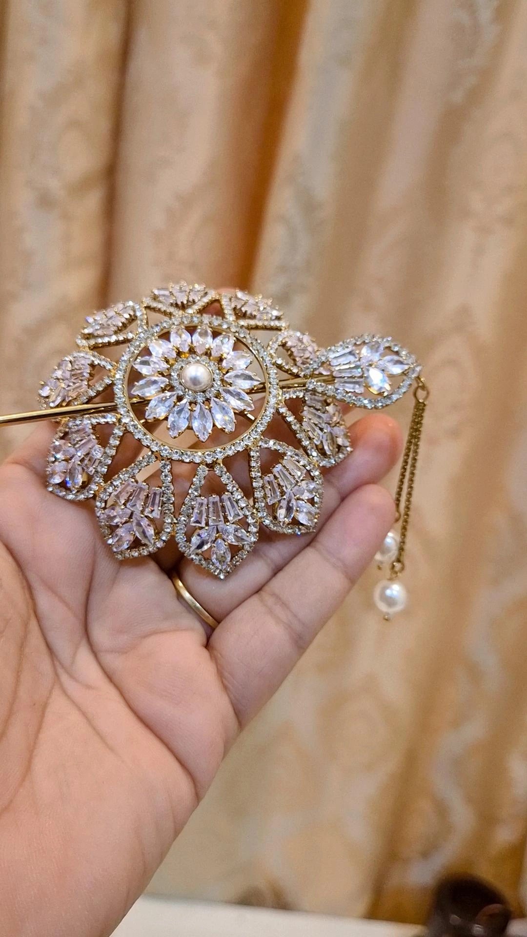Elegant American Diamond Pearl Studded Hair Bun Cage with Stick - Small Size