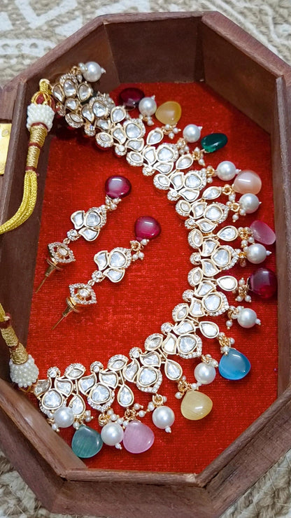 Navratna Moissanite Necklace Earrings Set