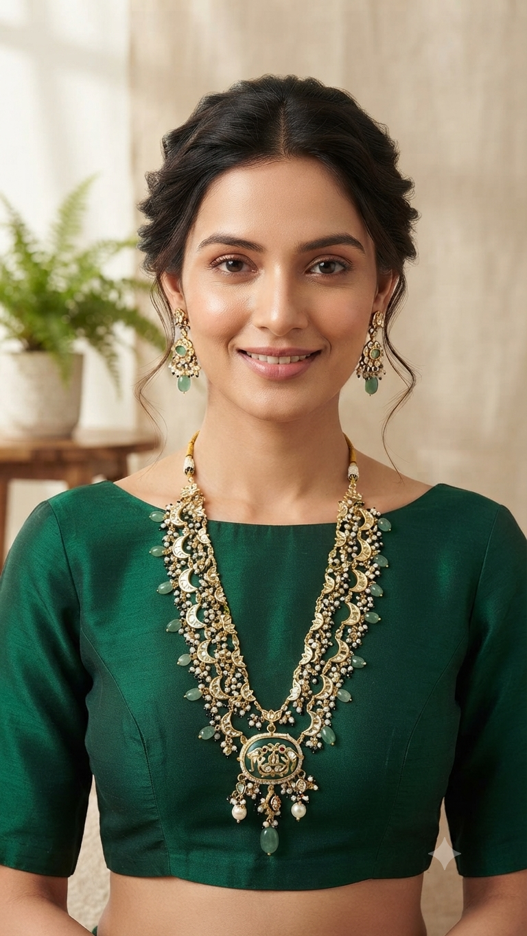Double Layered Green Faux Kundan-Studded Faux Pearl Beaded Meenakari Gold-Toned Jewellery Set )