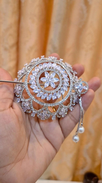 Elegant American Diamond Pearl Studded Hair Bun Cage with Stick - Small Size