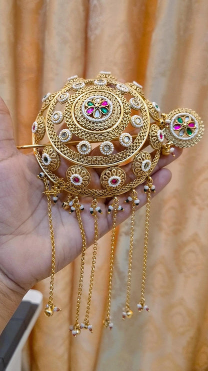 Statement Rewati Heritage Kundan Studded Gemstone work Hair Bun Cage with Stick
