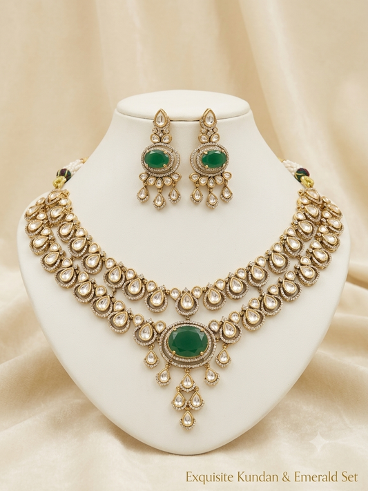 Emerald Real Moissanite Polki Necklace set
