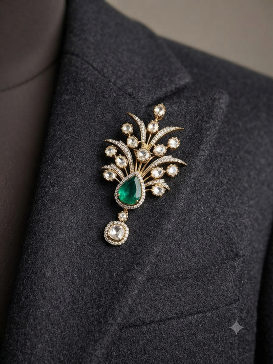 Moissanite Emerald Gemstone  Studded Unisex Brooch