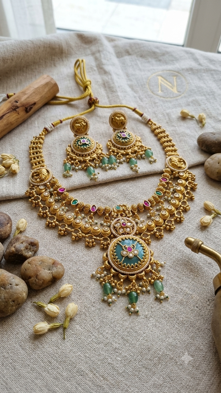 Nagma Heritage Regal Mint Necklace Earrings Set