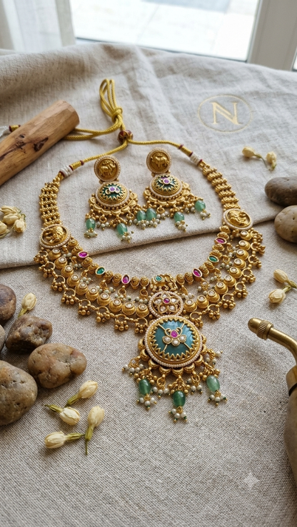 Nagma Heritage Regal Mint Necklace Earrings Set