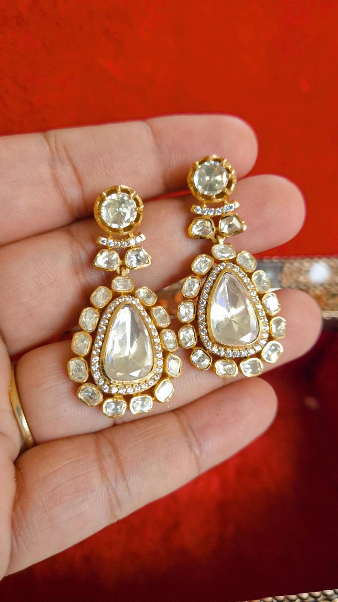 Uncut Polki Moissanite Screw Back Dangler Earrings