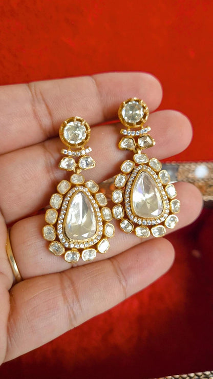 Uncut Polki Moissanite Screw Back Dangler Earrings