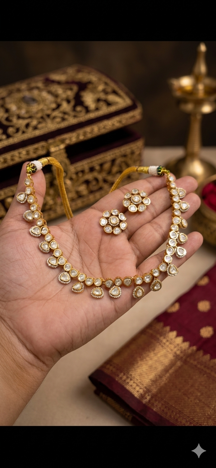 Signature Real Moissanite Polki Necklace Set