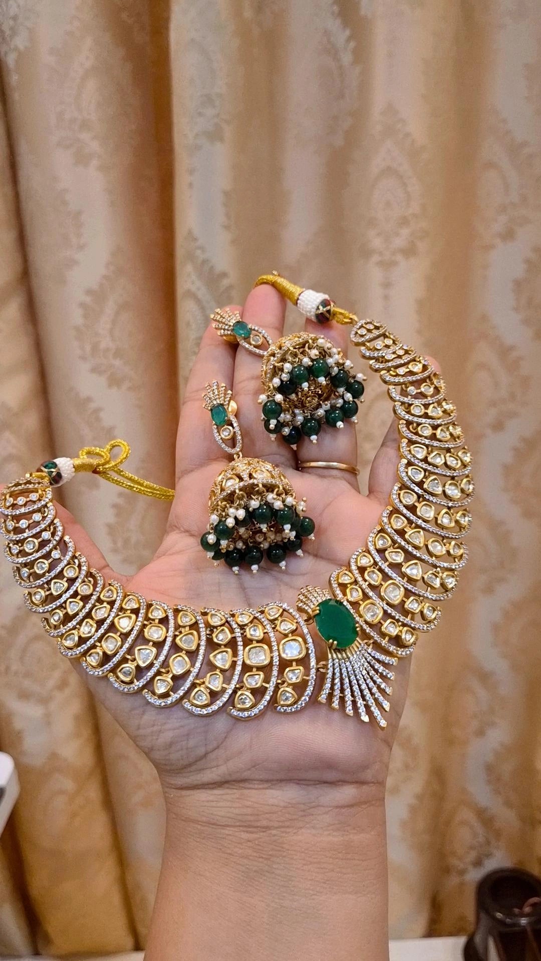 Emerald Polki Moissanite Statement Necklace Jhumka Set