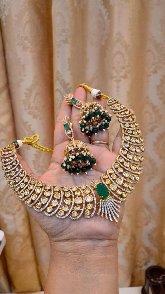 Emerald Polki Moissanite Statement Necklace Jhumka Set