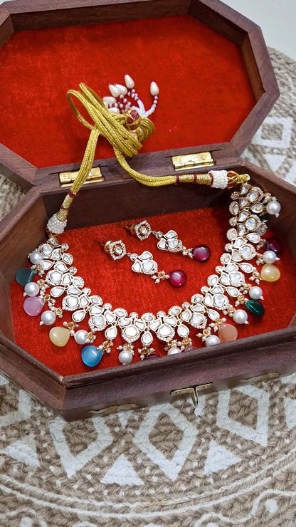 Navratna Moissanite Necklace Earrings Set