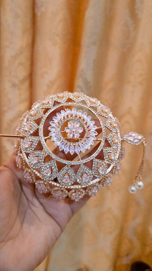 Statement Rose Gold plated American Diamond Hair Bun Cage with Stick
