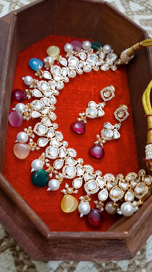Navratna Moissanite Necklace Earrings Set