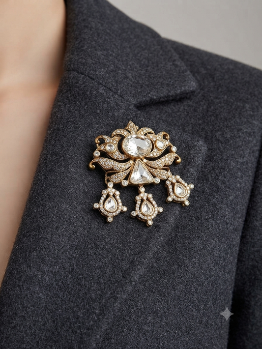 Statement Moissanite Polki Antique Gold Unisex Brooch