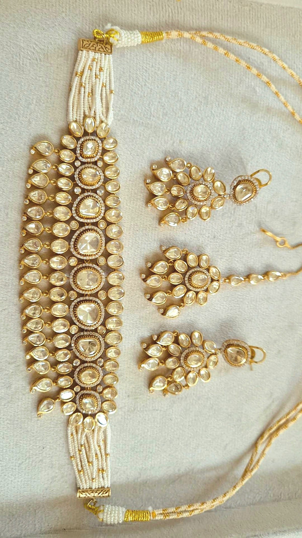 Madhuri Statement Moissanite Polki Pearl Choker Earrings Maangtikka Set