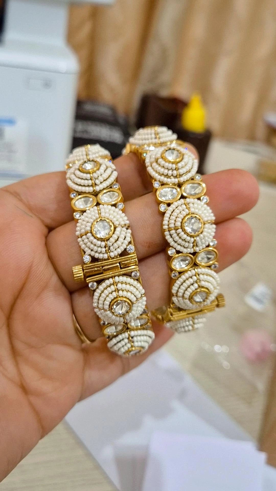 Signature Moti Polki Moissanite Screw Openable  Bangles - Pair