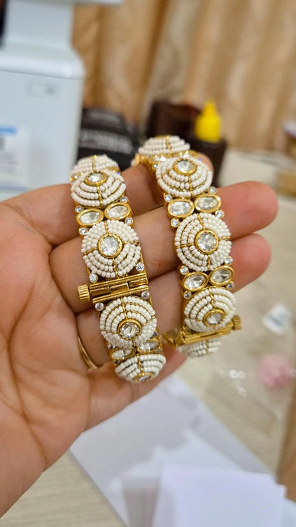 Signature Moti Polki Moissanite Screw Openable  Bangles - Pair