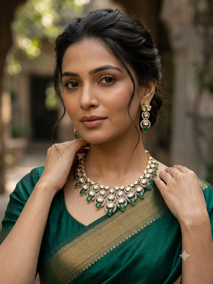 Emerald Real Moissanite Polki Necklace set