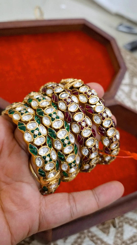 Maitree Statement Polki Moissanite Meenakari Screw Openable Bangles - Pair