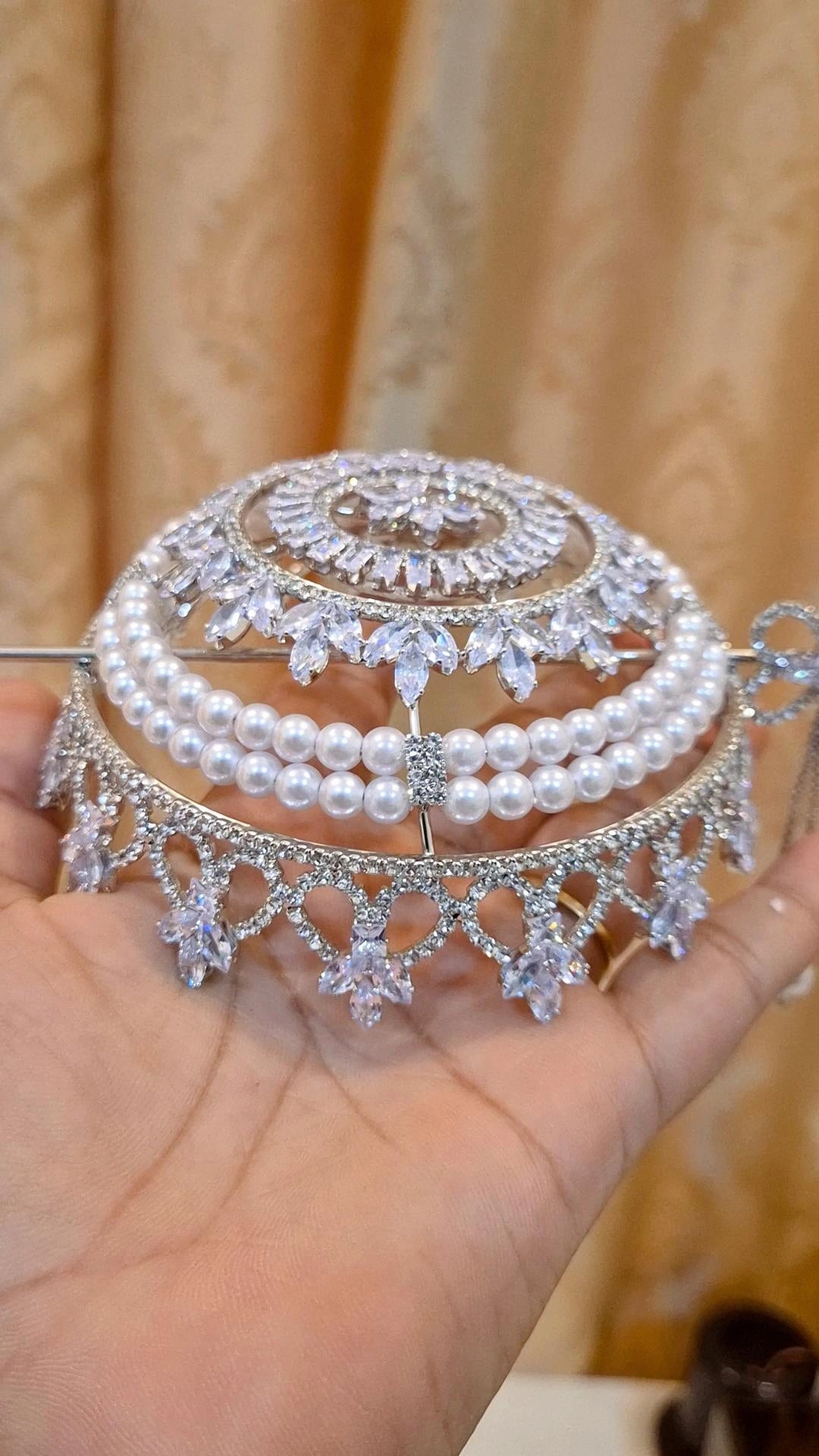 Statement Silver American Diamond Pearl Studded Hair Bun Cage with Stick
