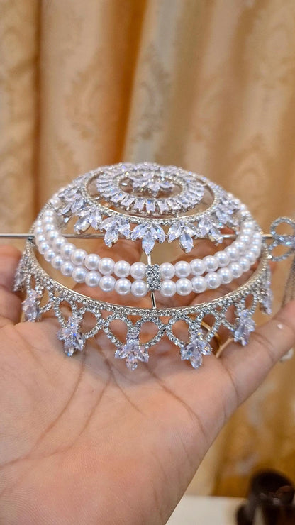 Statement Silver American Diamond Pearl Studded Hair Bun Cage with Stick