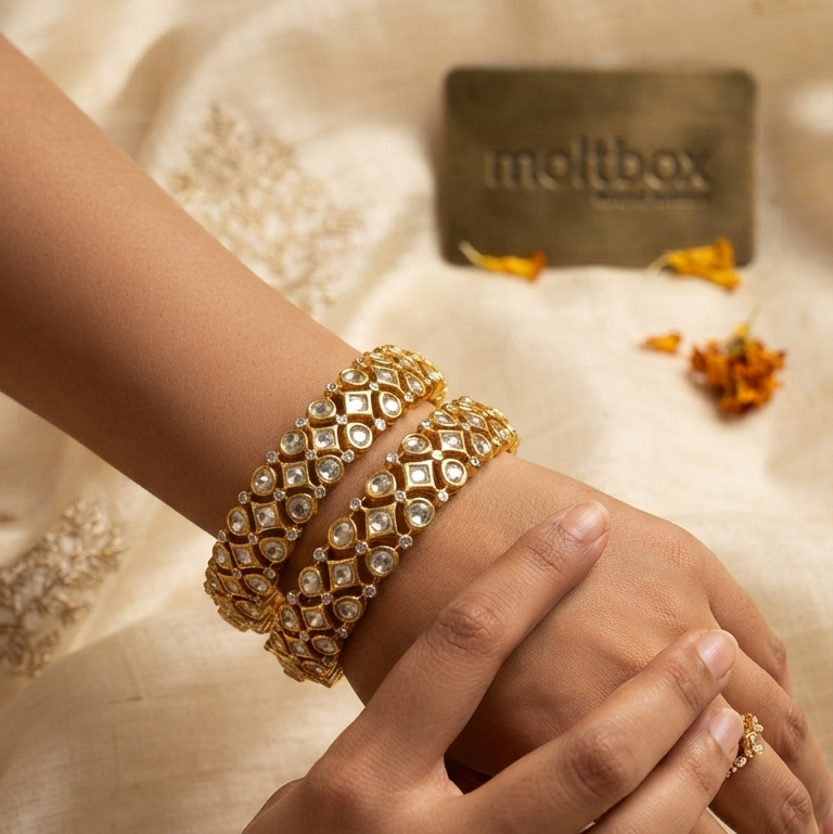 Signature Megha Polki Moissanite Screw Openable  Bangles - Pair