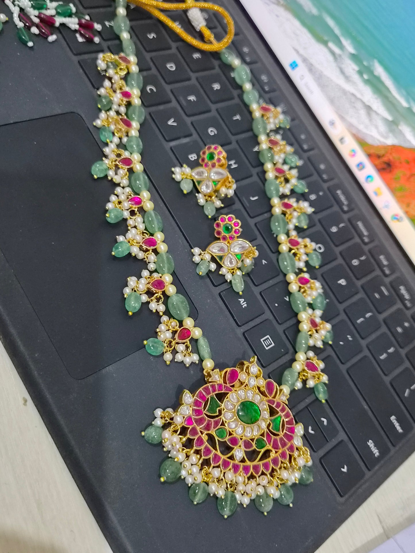 Luxury Kemp Jadau Beads Moisaanite Studded  Necklace Set