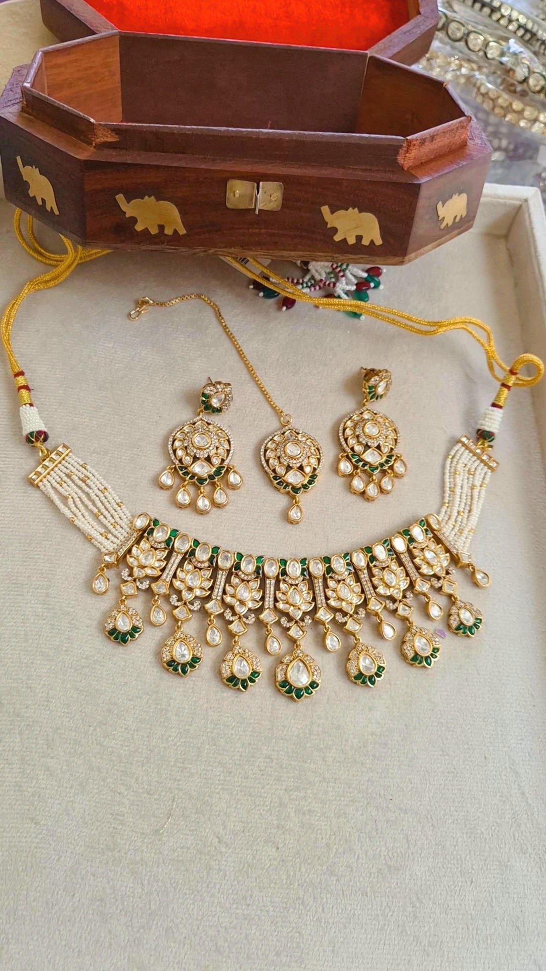 Kanya Statement Moissanite Polki Pearl Choker Styles Necklace Earrings Maangtikka Set