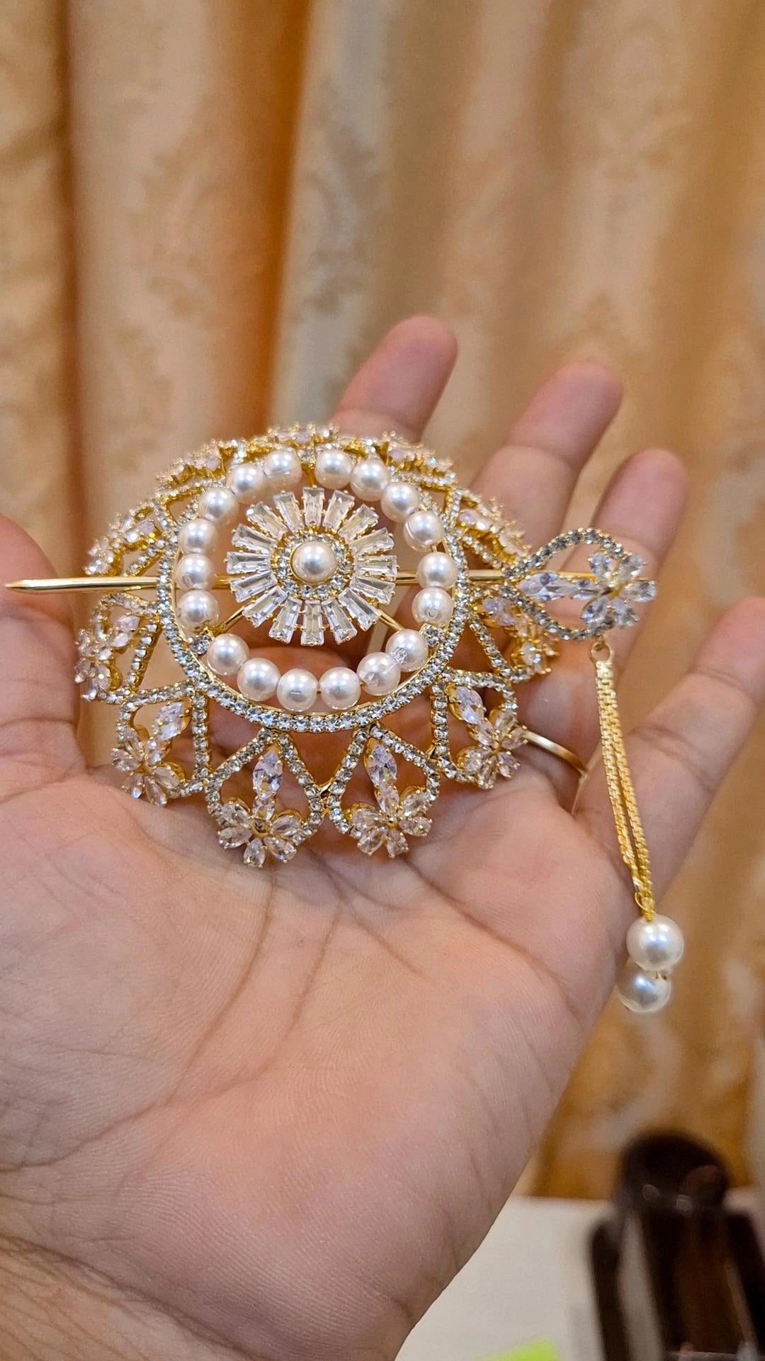 Elegant American Diamond Pearl Studded Hair Bun Cage with Stick - Small Size