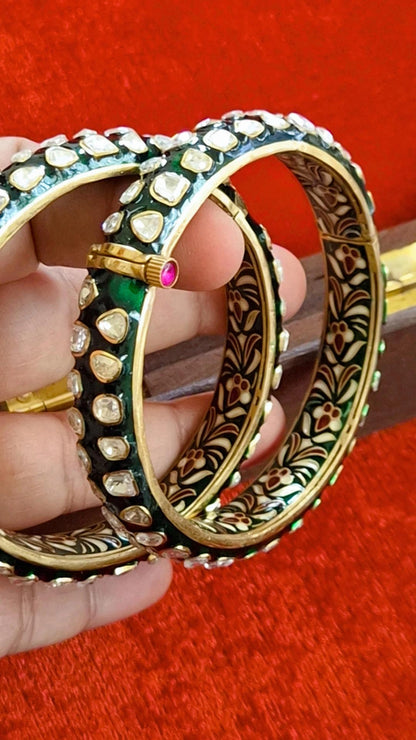 Jaipur Handpainted Statement Polki Moissanite Meenakari Screw Openable Bangles - Pair