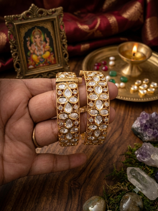 Statement Moissanite Kundan Screw Openable Bangles - Pair