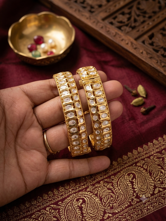 Statement Moissanite Kundan Screw Openable Bangles - Pair