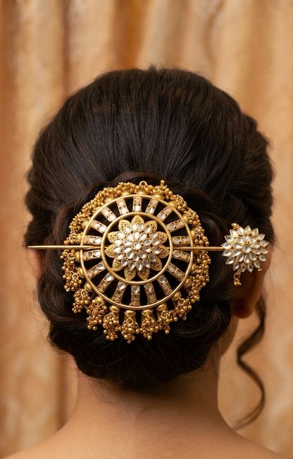Statement Malhar Heritage Kundan Studded Ghungaroo Hair Bun Cage with Stick