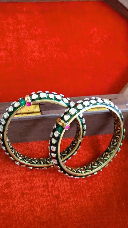 Jaipur Handpainted Statement Polki Moissanite Meenakari Screw Openable Bangles - Pair