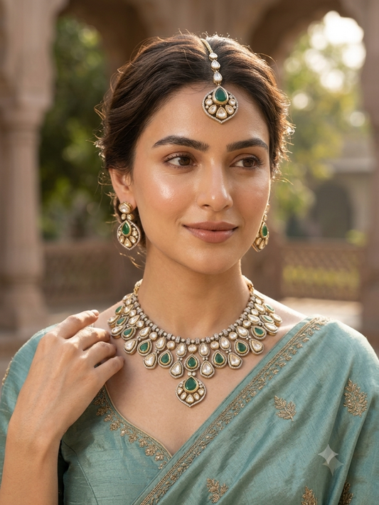 Emerald Real Moissanite Polki Necklace set with tikka