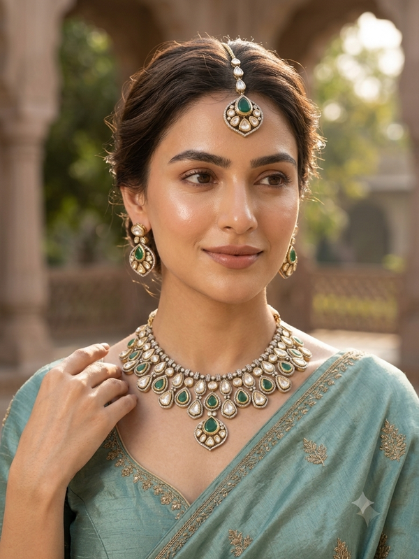 Emerald Real Moissanite Polki Necklace set with tikka