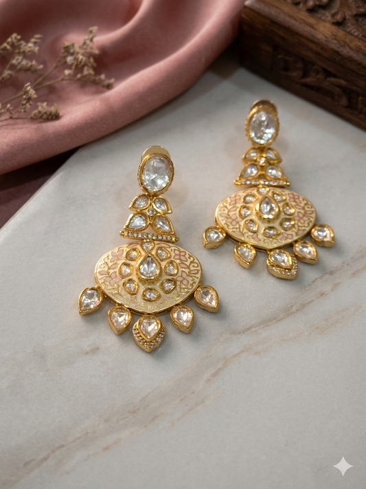 Real Moissanite Polki Enamel Work Medium Sized Earrings