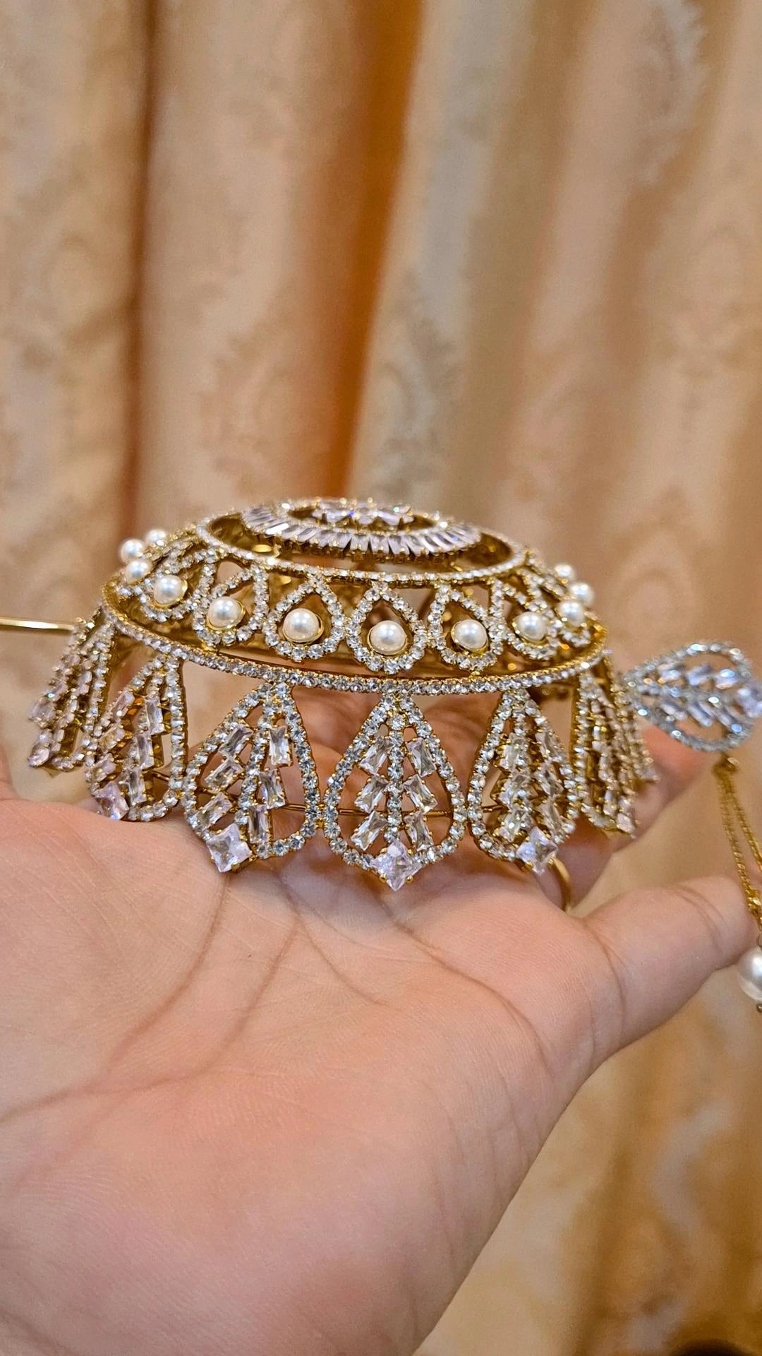 Statement American Diamond Pearl Studded Hair Bun Cage with Stick