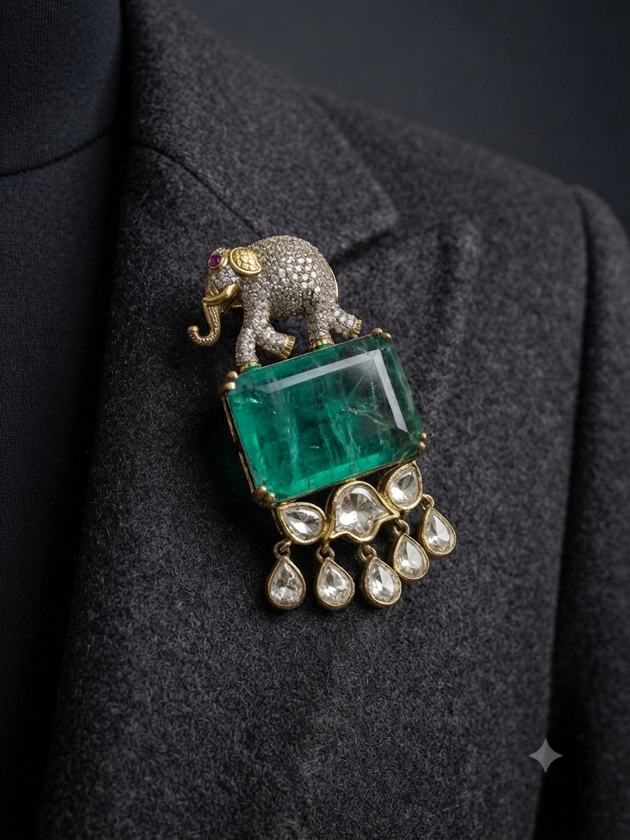 Emerlad Elephant Faux Diamond Luxe Unisex Brooch
