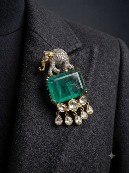 Emerlad Elephant Faux Diamond Luxe Unisex Brooch