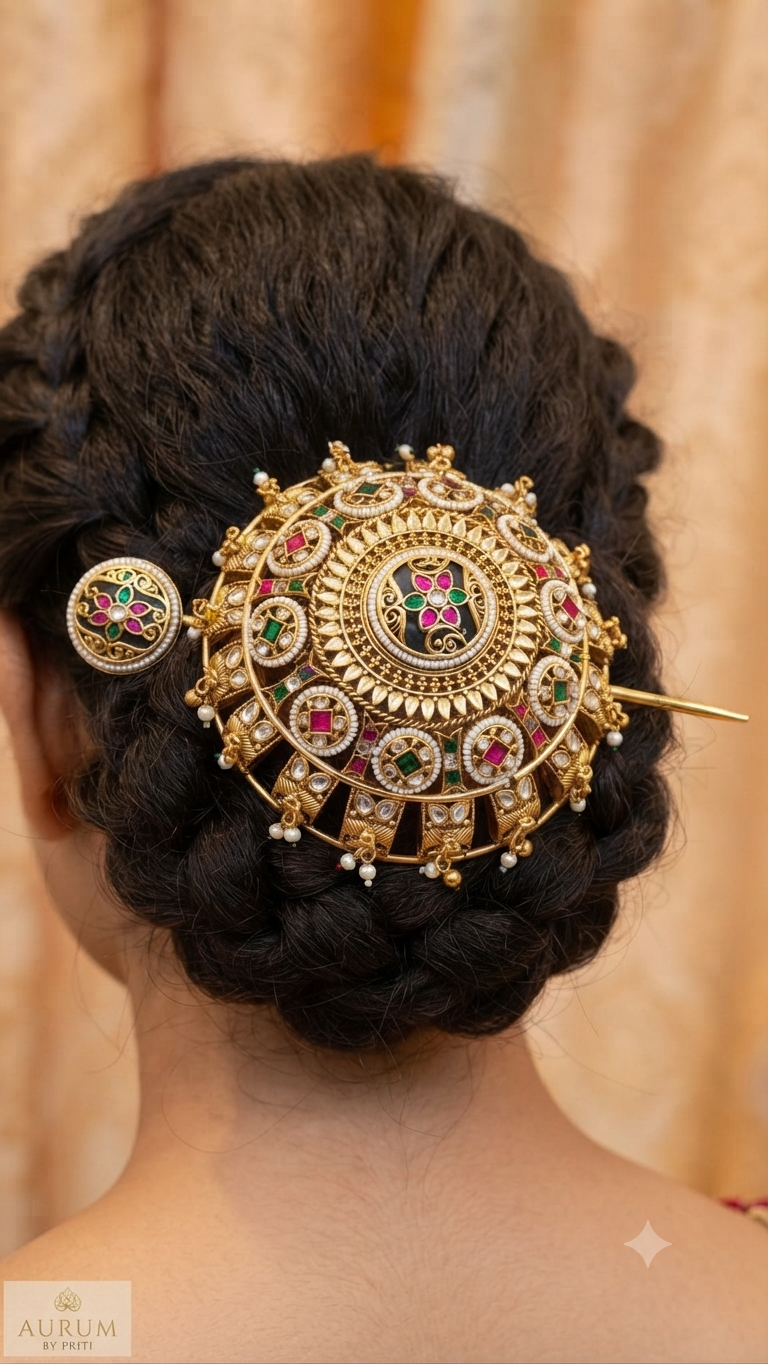 Statement Ranisa Heritage Kundan Studded Gemstone work Hair Bun Cage with Stick