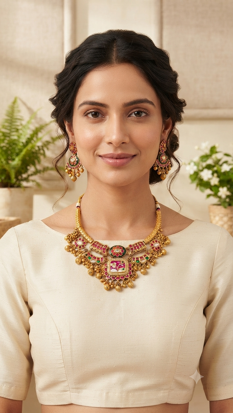 Heritage Rajwadi jadau Kemp  Gold-Toned Necklace Set )