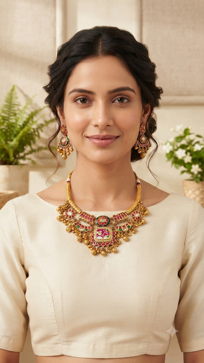 Heritage Rajwadi jadau Kemp  Gold-Toned Necklace Set )