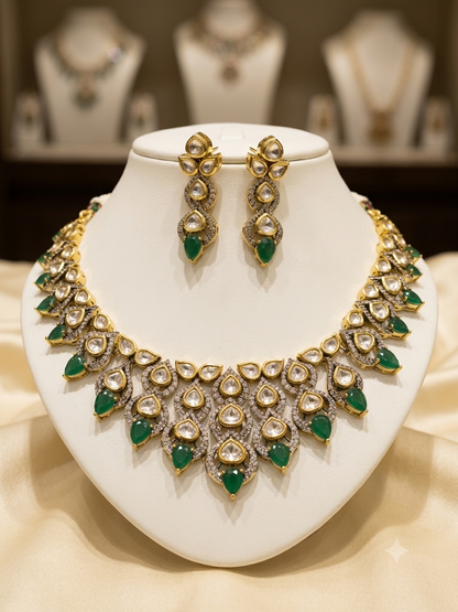 Emerald Real Moissanite Polki Necklace set