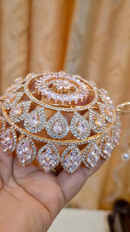 Statement Rose Gold plated American Diamond Hair Bun Cage with Stick