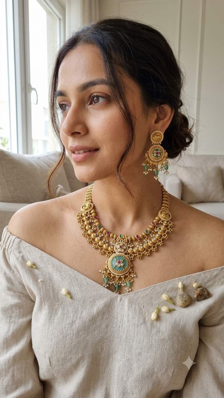 Nagma Heritage Regal Mint Necklace Earrings Set